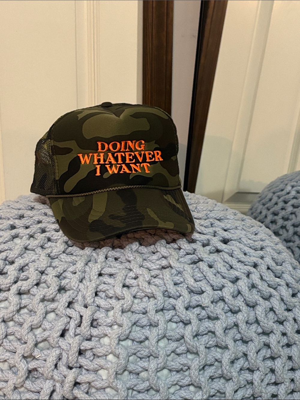 Dressed in Lala trucker hat